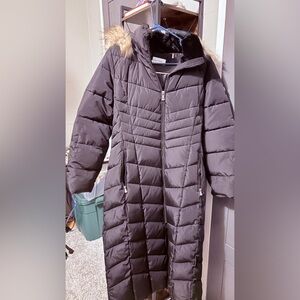 Calvin Klein Black Long Puffer Coat with Fur Trim